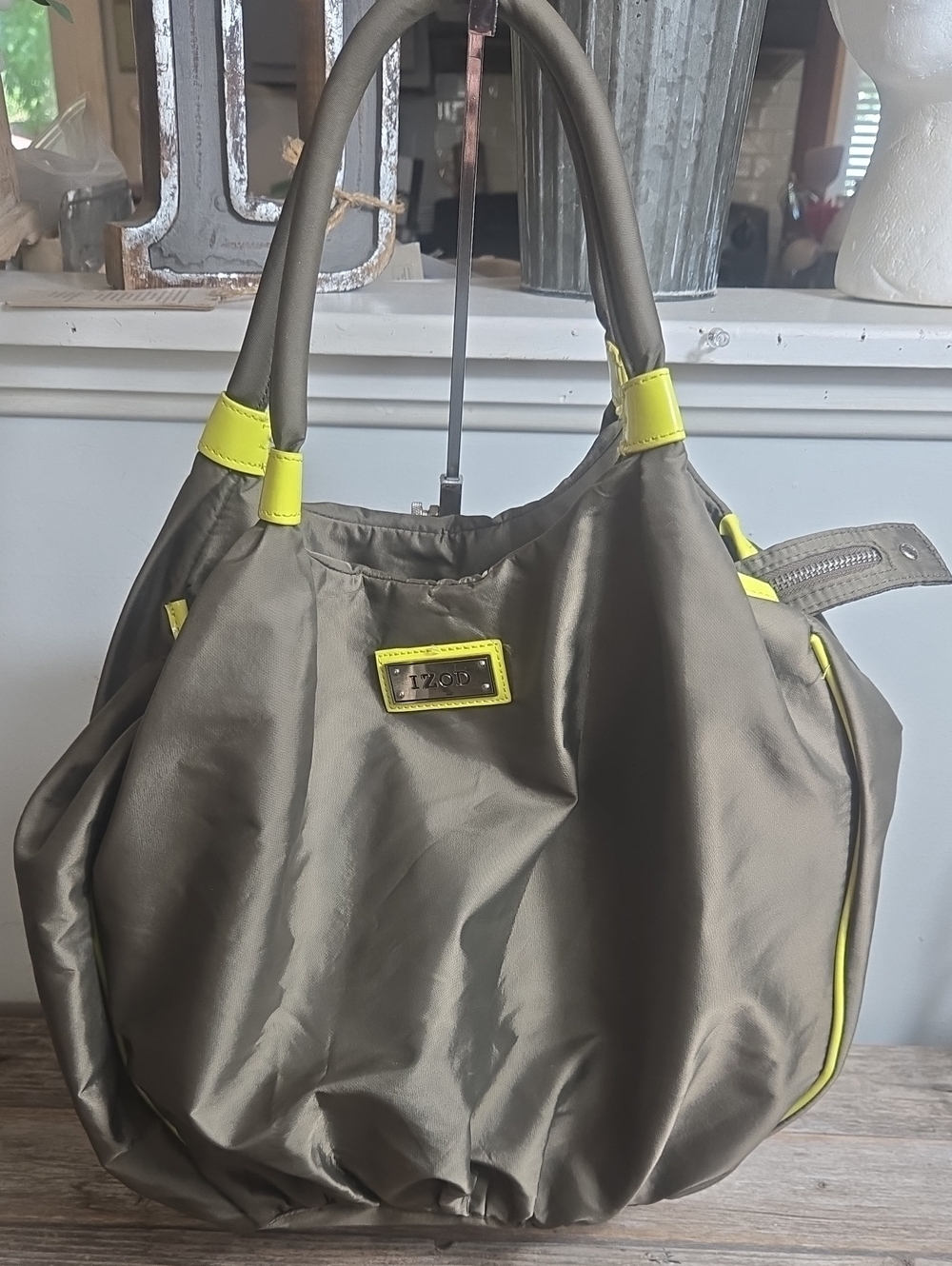 IZOD Gray Nylon Hobo Y2K Shoulder Bag with Neon Yellow Trim